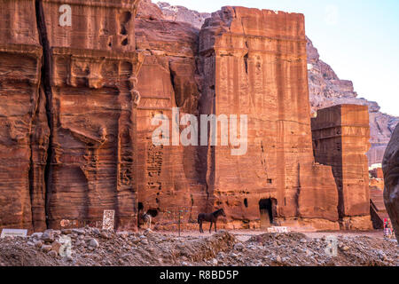 Felsgräber in der Landschaft und der historischen Ruinenstätte Petra, Jordanien, Asien | Gräber in die Landschaft rund um die antike Stadt Petra, Jor Stockfoto