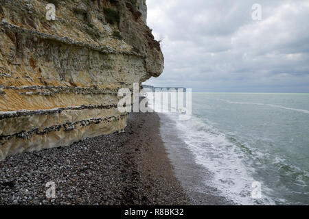 Opale Küste, Picardie, Frankreich, Schichten von Feuerstein in Kreidefelsen, Kreidezeit, Sedimentgestein, stürmische See. Stockfoto