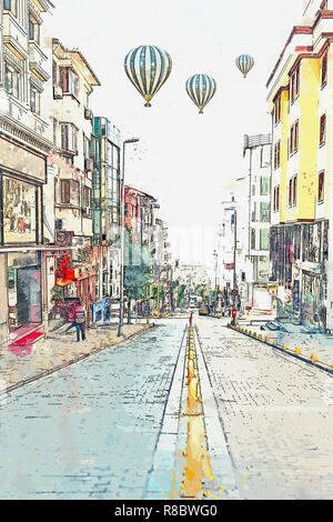 Ein Aquarell Skizze oder Abbildung eines traditionellen Straße mit Wohnhäusern in Istanbul, Türkei. Heißluftballone fliegen in den Himmel. Stockfoto