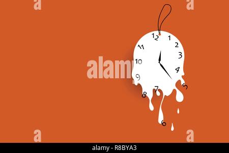 Schmelzende Uhr flache Design Vector Illustration auf orangem Hintergrund. Stock Vektor