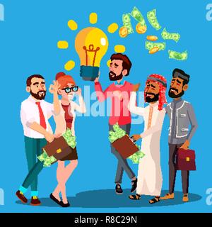 Geschäftsidee Vektor. Ein Mann hält die Glühbirne in den Händen. Warteschlange der Multinationalen Geschäftsleute mit Geld Säcke und Bündel Bargeld in Händen. Abbildung: Stock Vektor
