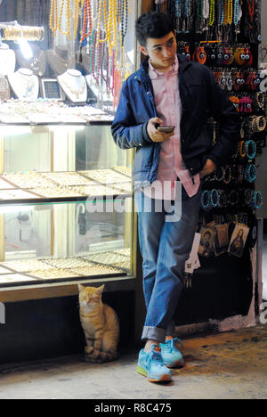 Istanbul, Türkei - 6. November 2015. Männliche Verkäufer im Grand Basar in Istanbul, mit cat vor schmuckshop. Stockfoto