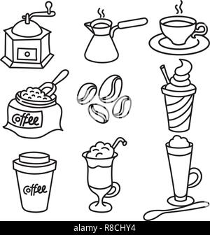 Abbildung: Kaffeegetränke outline Schwarz und Weiß Icon Set Stock Vektor