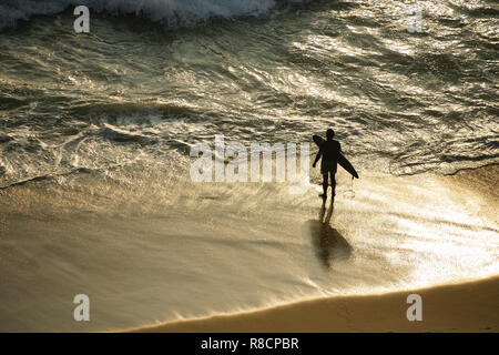 Ein Tourist mit seinem Surfbrett ist am Varkala Strand bei Sonnenuntergang bereit, das Meer zu gelangen. Indien. Stockfoto