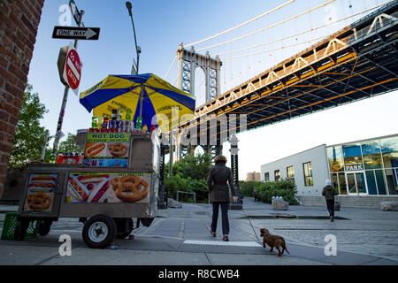 Ein Lebensmittel stehen unter der Manhattan Bridge geparkt, während eine Frau geht mit seinem Hund. Stockfoto