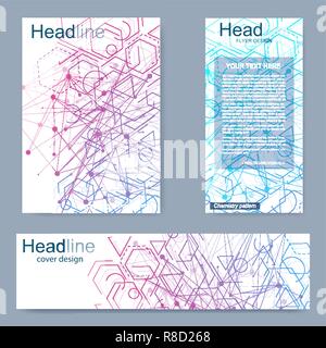 Stellen Sie Flyer, Broschüre Größe A4-Vorlage, Banner. Molekulare Struktur mit Linien und Punkten. Wissenschaftliche Muster atom DNA mit Elementen für Zeitschrift, Broschüre, Cover, Poster Design. Stock Vektor