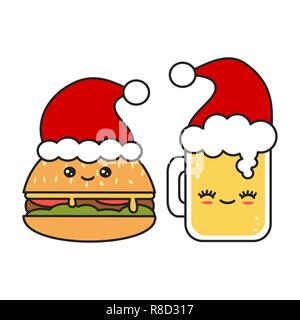 Nett und lustig Vektor Weihnachten cartoon Glas frisches Bier und Hamburger tragen Santa's Hut Stock Vektor