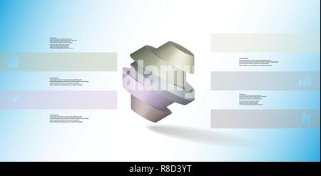 3D-Illustration Infografik Vorlage. Die runde Octagon ist auf fünf Farben aufgeteilt. Objekt ist schief auf Blau Weiß Hintergrund angeordnet. Farbbalken Stock Vektor