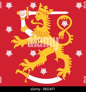 Finnland Naval Jack Flagge, heraldische Löwe mit Schwert auf Schwert, Rosen im Hintergrund. Stock Vektor