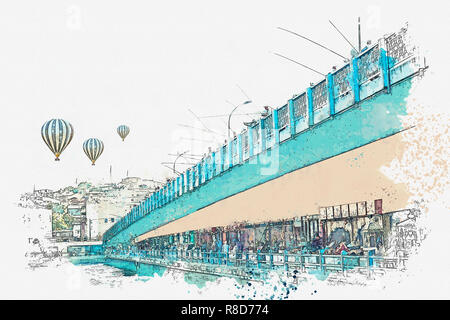 Ein Aquarell Skizze oder Zeichnung. Der Galata Brücke in Istanbul, Türkei. Auf der Brücke die Fischer fischen. Heißluftballone fliegen in den Himmel. Stockfoto