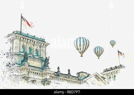 Aquarell Skizze oder Zeichnung. Deutsche Fahne auf dem Reichstagsgebäude in Berlin. Heißluftballone fliegen in den Himmel. Stockfoto
