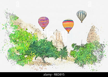 Ein Aquarell Skizze oder Zeichnung. Heißluftballons am Himmel in Kappadokien in der Türkei. Die berühmten Sehenswürdigkeiten von Kappadokien ist eine Air Flug. Stockfoto