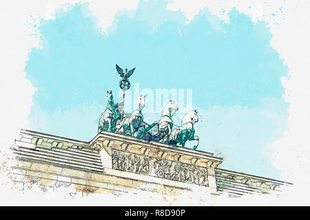 Ein Aquarell Skizze oder Abbildung: Das Brandenburger Tor in Berlin, Deutschland. Architektonisches Monument, das sich im historischen Zentrum von Berlin. Stockfoto