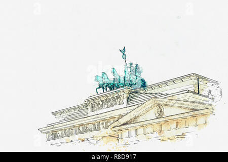 Ein Aquarell Skizze oder Abbildung: Das Brandenburger Tor in Berlin, Deutschland. Architektonisches Monument, das sich im historischen Zentrum von Berlin. Stockfoto