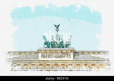 Ein Aquarell Skizze oder Abbildung: Das Brandenburger Tor in Berlin, Deutschland. Architektonisches Monument, das sich im historischen Zentrum von Berlin. Stockfoto