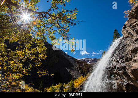 ASPEN Bäume biegen Sie Farben bei LUNDY CREEK FALLS in der östlichen Sierra - Kalifornien Stockfoto