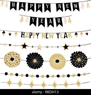 Satz von Geburtstag oder Neujahr Schmuckrahmen, Strings oder Girlanden. Party Dekoration mit Sternen, wimpelketten Fahnen und Papier Rosetten. Schwarz und Gold isoliert Vektorobjekte. Stock Vektor