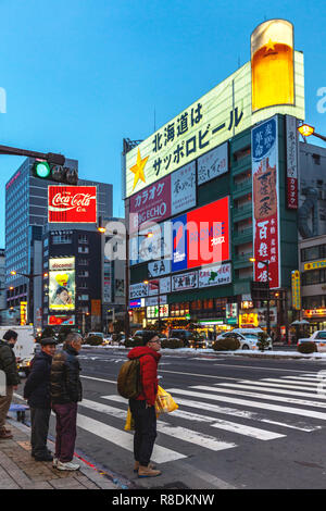 Die pulsierende Lichter von den Plakaten in der Innenstadt von Sapporo während der Weihnachtszeit in der Nacht. Stadtteil Susukino, Chūō-ku, Sapporo, Hokkaido, Japan. Stockfoto