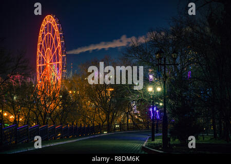 Riesenrad am Ufer des Amur in Chabarowsk gegen den Nachthimmel. Eine helle Beleuchtung. An der langen Belichtung fotografiert. Stockfoto