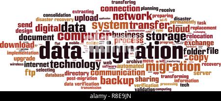Datenmigration Wort cloud Konzept. Vector Illustration Stock Vektor