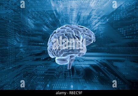 Künstliche Intelligenz. Menschliche Gehirn gegen einen Computer Motherboard. Stockfoto