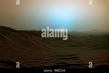 Abbildung: ein Sonnenuntergang auf dem Mars. Staub und kleine Partikel in der Atmosphäre des Mars, streuen Licht in die Richtung der Sonne ausgesetzt. Diese Stockfoto