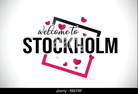 Stockholm Willkommen in Wort Text mit handschriftlichen Font und roten Herzen Square Design Illustration Vektor. Stock Vektor