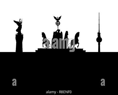 Berlin City Skyline mit Silhouetten der Siegessäule, die Quadriga des Brandenburger Tor und dem Fernsehturm, Schwarz und Weiß mit Kopie Raum Stockfoto