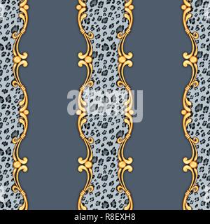 Nahtlose Leopard Muster und golden barocke Elemente. Stockfoto