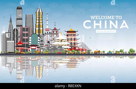 In China Skyline mit grauen Gebäude, blauer Himmel und Reflexionen zu begrüßen. Berühmte Sehenswürdigkeiten in China. Vector Illustration. Business Travel Stock Vektor