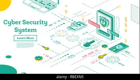 Übersicht Cyber Security Konzept. Isometrische Darstellung isoliert auf Weiss. Datenschutz Konzept. Kreditkarte prüfen und Software Zugriff auf Daten Stock Vektor