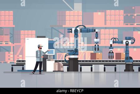 Mann Ingenieur controlling Förderband Linie Hände robotic Factory automation Produktion Fertigung Konzept Lagerhaltung Interieur horizontal Stock Vektor