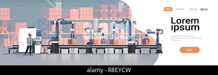 Mann Ingenieur controlling Förderband Linie robotic Hand Factory automation Produktion Fertigung Konzept Lagerhaltung innere horizontale kopieren Raumzeiger Abbildung Stock Vektor