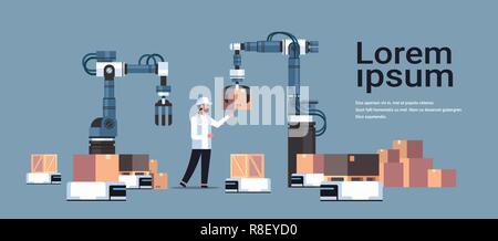 Mann Ingenieur controlling robotic Hände, Kästen auf Roboter auto Produkt liefern Factory automation Produktionskonzept horizontale Platz kopieren Stock Vektor