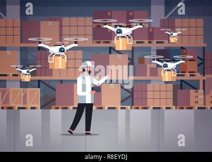 Mann courier halten drahtlose Fernbedienung Paket control Drohnen Air Delivery modern Logistic System schnell Versand Konzept cargo Copter mail service Lager Interieur horizontal Stock Vektor