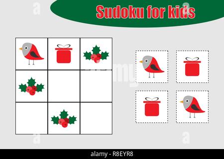 Erste Sudoku Spiel mit Weihnachten Bilder für Kinder, einfache, Bildung Spiel für Kinder, Vorschule Arbeitsblatt Aktivität, Aufgabe für die Entwicklung des logischen Denkens, Vector Illustration Stock Vektor