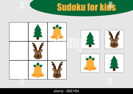 Erste Sudoku Spiel mit Weihnachten Bilder für Kinder, einfache, Bildung Spiel für Kinder, Vorschule Arbeitsblatt Aktivität, Aufgabe für die Entwicklung des logischen Denkens, Vector Illustration Stock Vektor