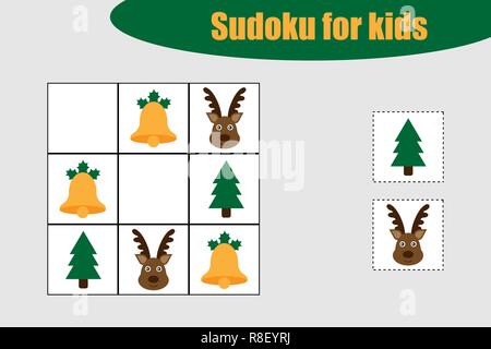 Erste Sudoku Spiel mit Weihnachten Bilder für Kinder, einfache, Bildung Spiel für Kinder, Vorschule Arbeitsblatt Aktivität, Aufgabe für die Entwicklung des logischen Denkens, Vector Illustration Stock Vektor