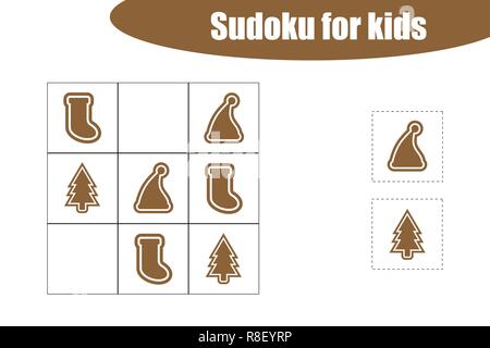 Erste Sudoku Spiel mit Weihnachten Bilder - Lebkuchen für Kinder, einfache, Bildung Spiel für Kinder, Vorschule Arbeitsblatt Aktivität, Aufgabe für die Entwicklung des logischen Denkens, Vector Illustration Stock Vektor