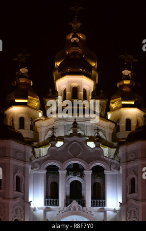 Kirche des Heiligen Myrrh-Bearers des Spiegels stream. Charkow. In der Ukraine. Detaillierte Foto von Kirche mit goldenen Kuppeln und Relief Dekore in der Nacht Stockfoto