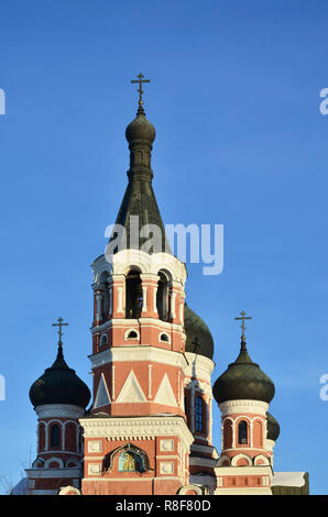 Kirche der Drei Heiligen. Charkow. In der Ukraine. Detaillierte Foto von Kirche mit schwarzem Kuppeln und Relief Dekore tagsüber im Freien Stockfoto