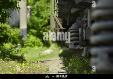 Landschaft mit einem Güterzug. Eisenbahn im Frühjahr Saison Stockfoto