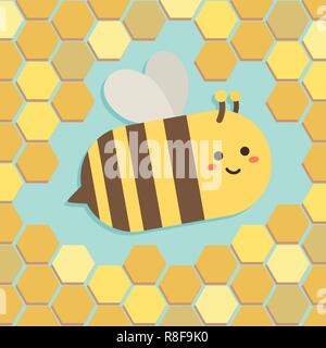 Süße Biene fliegt auf Gelb Hexagon Bienenstock Muster Vector Illustration Stock Vektor