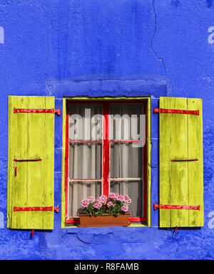 Schöne alte Fenster mit roten Blumen auf dem alten rostigen Haus. Blaue Fassade. Stadt Nyon, Waadt Schweiz Stockfoto