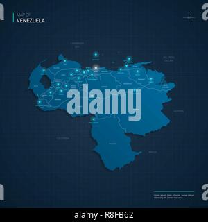 Vektor Venezuela Landkarte Abbildung mit blauen Neon lightpoints-Dreieck auf dunkelblauem Hintergrund Farbverlauf. Administrative Divisions Stock Vektor