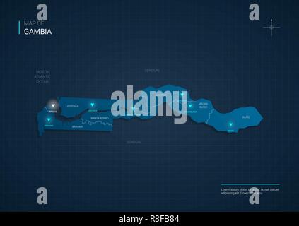 Vektor Gambia Karte Abbildung mit blauen Neon lightpoints-Dreieck auf dunkelblauem Hintergrund Farbverlauf. Administrative Divisions Stock Vektor