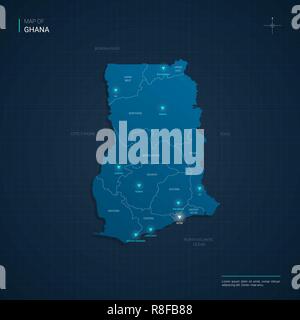 Vektor Ghana Karte Abbildung mit blauen Neon lightpoints-Dreieck auf dunkelblauem Hintergrund Farbverlauf. Administrative Divisions Stock Vektor