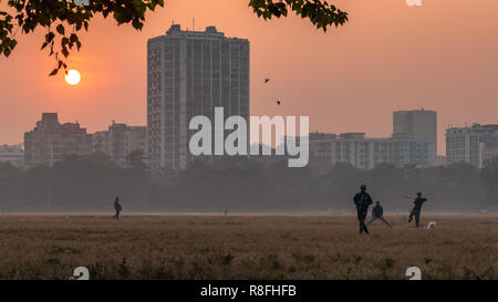 Indische Hirten mit ihren inländischen Ziegen auf dem Maidan Boden mit Blick auf die Hochhäuser in Kalkutta, Indien. Stockfoto