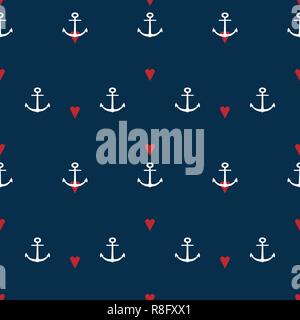 Rotes Herz und Anker in navy blue background Vektor nahtlose Muster. Stock Vektor