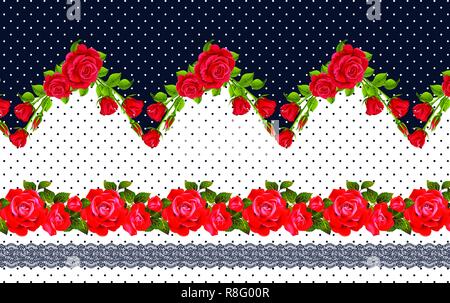 Nahtlose red rose Blüten in schwarzem Rand und schwarzen Punkten auf Hintergrund Illustration, isolierte florale und schwarze Punkte Hintergrund Stockfoto